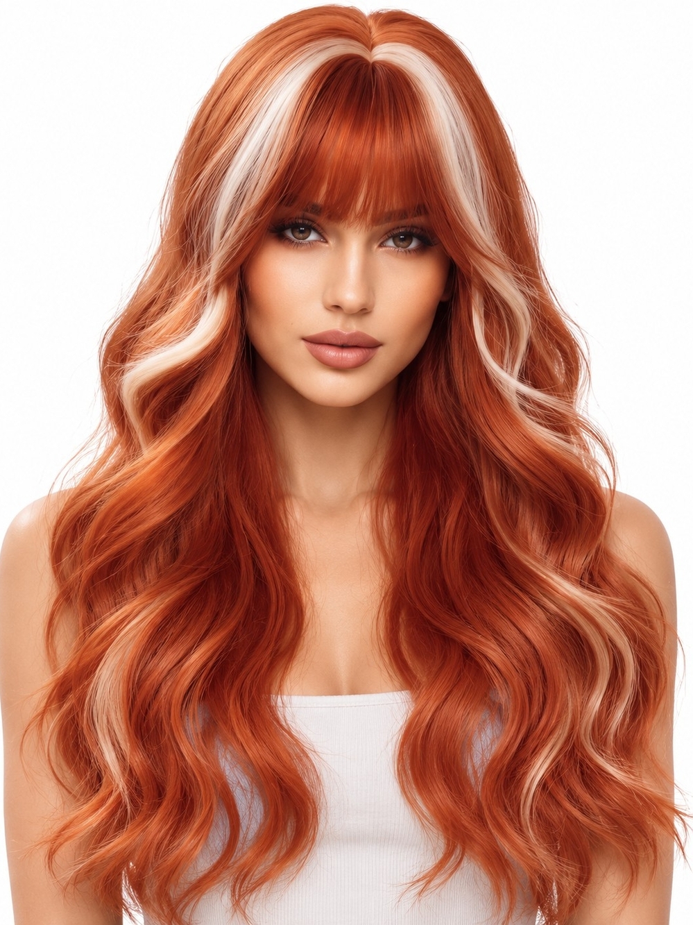 Copper / Ginger Wavy Wig With Bangs
24" Copper Ginger Wavy Synthetic - Unbranded